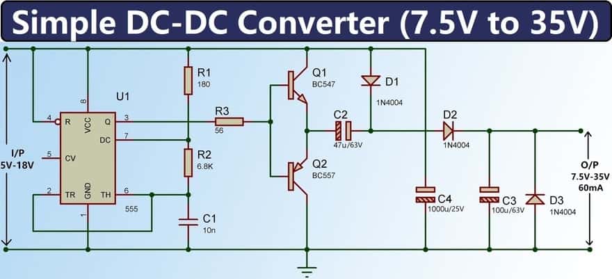 مبدل DC-DC با استفاده از آی سی تایمر 555 (7.5-35 ولت) بسیار ساده